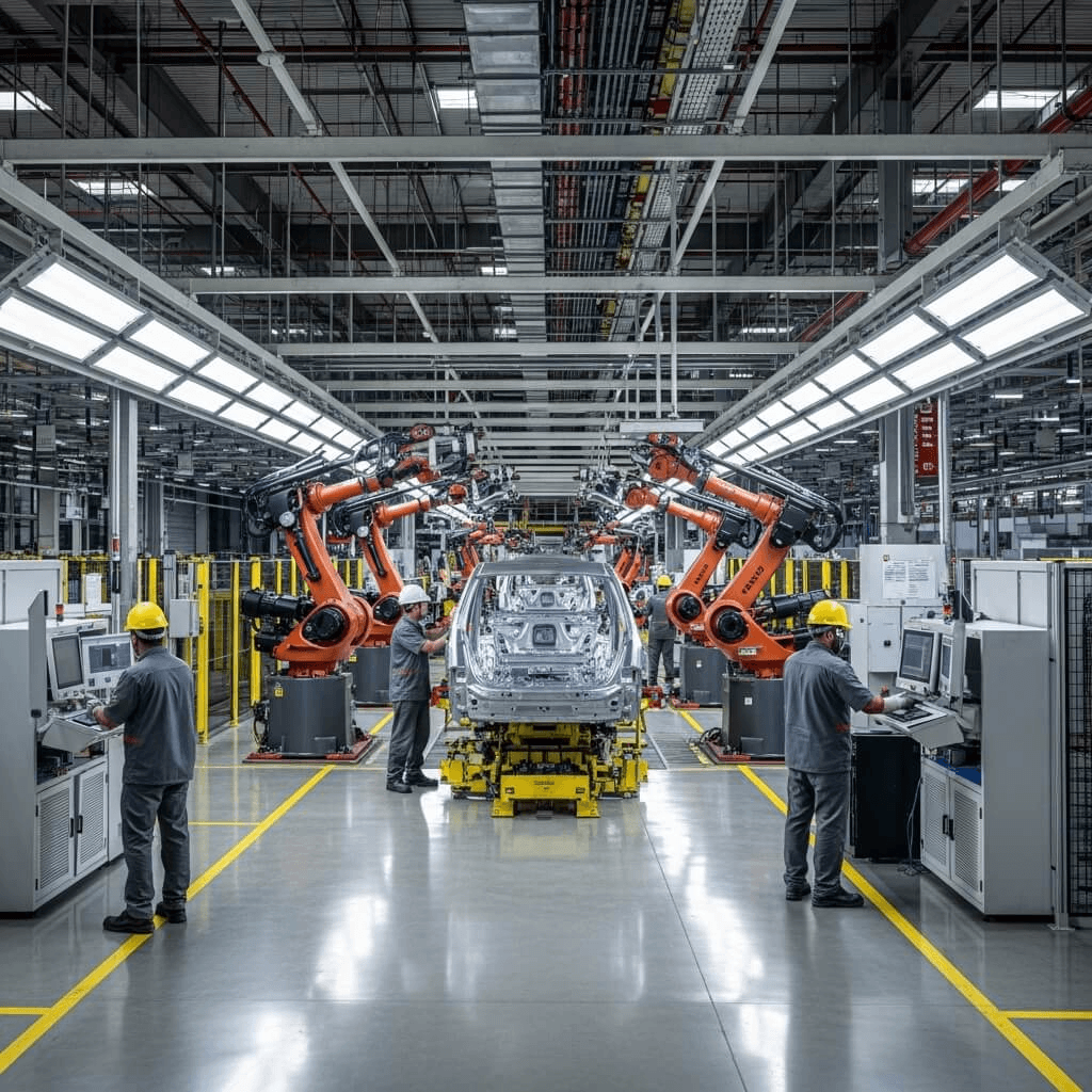 Linha de produção industrial de automóveis com braços robóticos operando